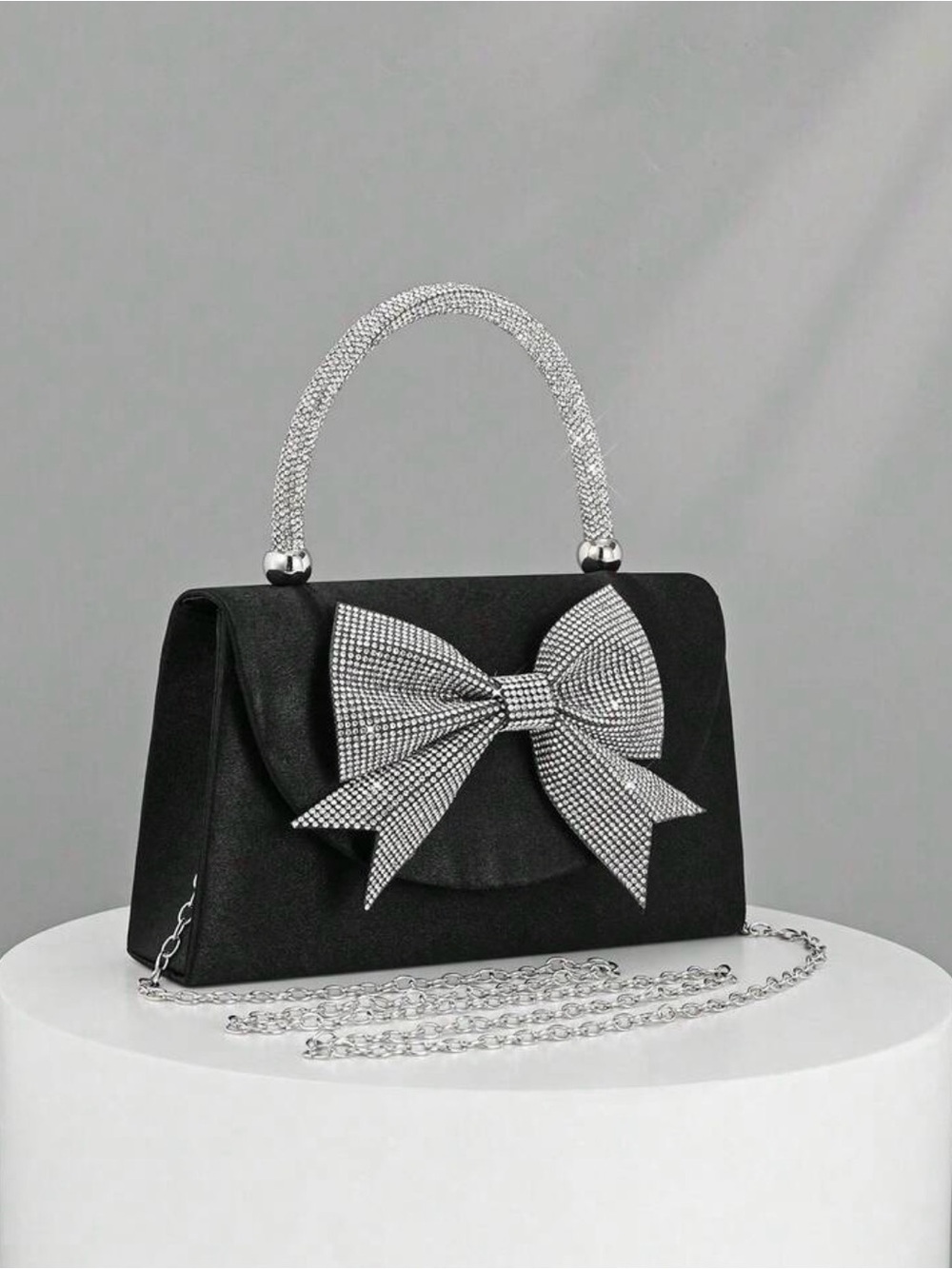 Black Crystal Bow Top-Handle Clutch - Picture 3 of 7